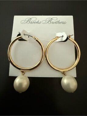Brooks Brothers Gold-Tone Faux-Pearl Drop Hoop Earrings NEW